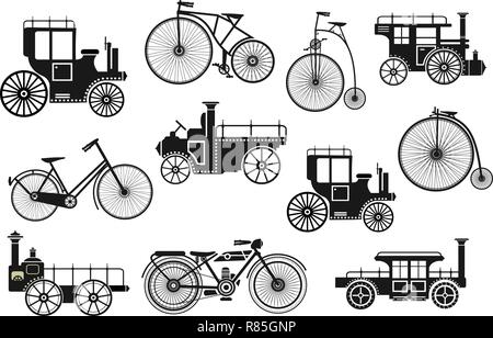 Vélo moto rétro et voitures silhouettes set Illustration de Vecteur