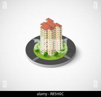 Icône de la ville avec des maisons, des gratte-ciel isométrique, rues et arbres. Signes et symboles urbains Illustration de Vecteur
