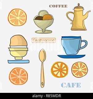Ensemble d'éléments de menu comme un pot de café, d'oeufs, citron, cuillères, tasses. Clipart pour conception de carte conception et la présentation Illustration de Vecteur