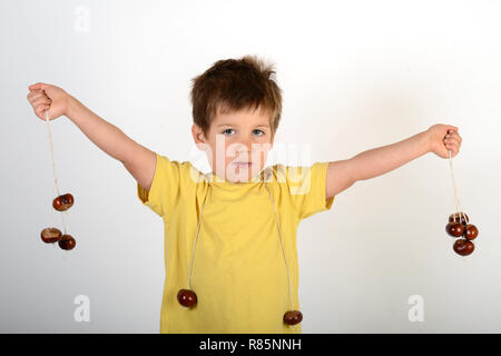 Jeune enfant garçon avec conkers Banque D'Images