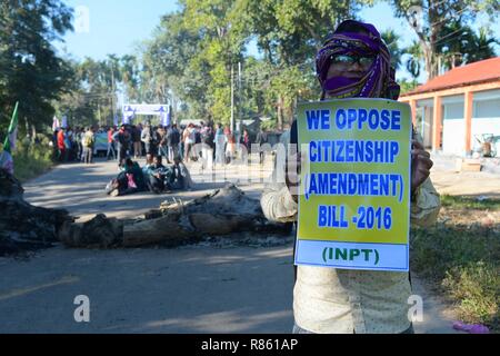 Agartala, Tripura, Inde. Dec 10, 2018. Vu un manifestant tenant une pancarte disant qu'il s'opposer à l'amendement de la citoyenneté - 2016 pendant la manifestation.INPT (Parti nationaliste autochtone d'Twipra) dirigeants et partisans protester sur la manière forte en Khamtingbari National, 40 km loin d'Agartala ville à la demande pour le retrait de la citoyenneté Projet de loi qui a été déposé en juillet 19 au Lok Sabha, la modification de la citoyenneté Projet de Loi 2016 vise à permettre aux migrants illégaux de certaines communautés minoritaires à l'Afghanistan, le Bangladesh et le Pakistan admissibles à la nationalité indienne. En d'autres termes, il modifie la Banque D'Images