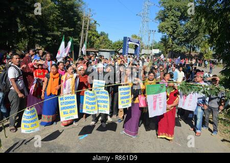 Agartala, Tripura, Inde. Dec 10, 2018. Des pancartes accroché sur une branche d'un arbre vu avant de manifestants scandant des slogans pendant la manifestation.INPT (Parti nationaliste autochtone d'Twipra) dirigeants et partisans protester sur la manière forte en Khamtingbari National, 40 km loin d'Agartala ville à la demande pour le retrait de la citoyenneté Projet de loi qui a été déposé en juillet 19 au Lok Sabha, la modification de la citoyenneté Projet de Loi 2016 vise à permettre aux migrants illégaux de certaines communautés minoritaires à l'Afghanistan, le Bangladesh et le Pakistan admissibles à la nationalité indienne. En d'autres termes, il modifie le Citoyen Banque D'Images