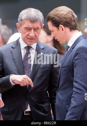 Bruxelles. 13 Décembre, 2018. Le premier ministre tchèque Andrej Babis (L) des entretiens avec le Chancelier autrichien Sebastian Kurz au cours d'une table ronde lors d'un sommet à Bruxelles, Belgique, le 13 décembre 2018. Source : Xinhua/Alamy Live News Banque D'Images