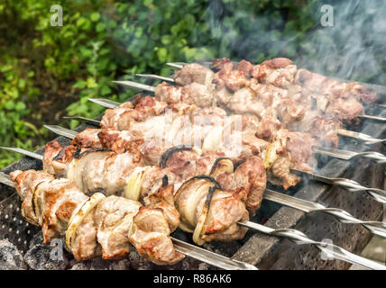 Rangée de brochettes de métal chaud rôti juste la viande et l'oignon sur metal brazier. Cette aire de pique-nique plat appelé chachlik est traditionnelle dans de nombreux pays. Sélectionnez Banque D'Images