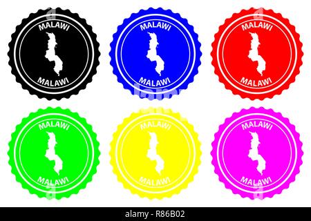 Malawi - timbres en caoutchouc - vecteur, République du Malawi (Le Cœur chaud de l'Afrique) Carte - sticker - noir, bleu, vert, jaune, violet et rouge Illustration de Vecteur