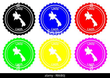 Laos - timbre en caoutchouc - vector, République Démocratique Populaire Lao (Muang) Carte - sticker - noir, bleu, vert, jaune, violet et rouge Illustration de Vecteur