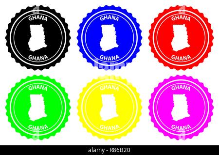 Ghana - timbres en caoutchouc - vecteur, République du Ghana carte - sticker - noir, bleu, vert, jaune, violet et rouge Illustration de Vecteur