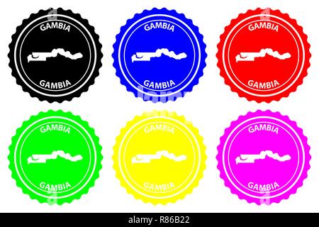 La Gambie - timbres en caoutchouc - vecteur, République de Gambie carte - sticker - noir, bleu, vert, jaune, violet et rouge Illustration de Vecteur