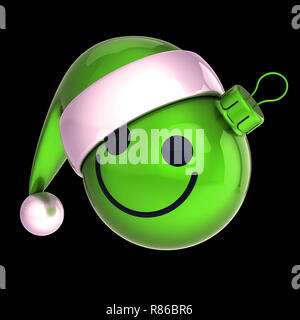 Bal de Noël vert emoticon smiley. New Year's Eve bauble Santa Claus hat cartoon cute décoration gaie, personnage drôle de concept. Illustr 3d Banque D'Images