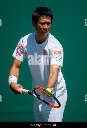 Kei Nishikori du Japon en formation pendant le tournoi de Wimbledon 2018 Banque D'Images