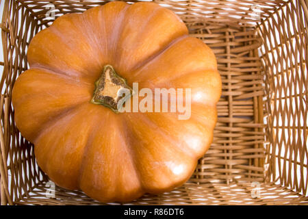 Mise à plat de belle orange citrouille se reposant dans un panier en osier rustique. Banque D'Images