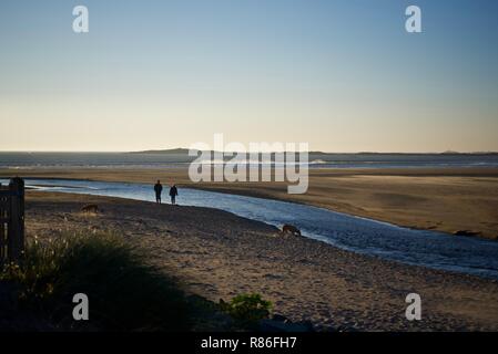 Un couple avec leur chien marcher sur la plage au crépuscule en conseil informatique, Anglesey, Pays de Galles, Royaume-Uni Banque D'Images