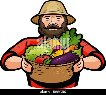 Farmer holding un panier en osier plein de légumes frais. Vector illustration Illustration de Vecteur