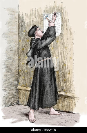 Martin Luther (1483-1546) naited à la porte de l'église du château de Wittenberg ses quatre-vingt-quinze Ces, 1517. Germania, 1882. Banque D'Images