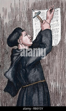 Martin Luther (1483-1546) naited à la porte de l'église du château de Wittenberg ses quatre-vingt-quinze Ces, 1517. Germania, 1882. Banque D'Images