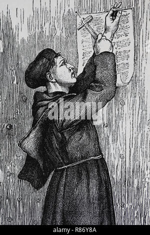 Martin Luther (1483-1546) naited à la porte de l'église du château de Wittenberg ses quatre-vingt-quinze Ces, 1517. Germania, 1882. Banque D'Images