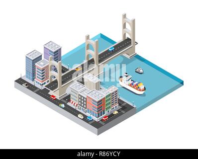 Boulevard de la ville avec un port avec un bateau de croisière et les navires de transport nautique sur la mer pour les vacances voyage tourisme illustration. Ensemble d'isométriques t Illustration de Vecteur