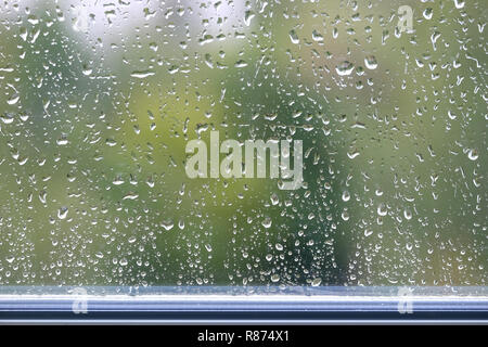 La nature morte avec de nombreuses gouttelettes de pluie sur les vitres sur sombre jour d'automne sur fond vert flou libre Banque D'Images