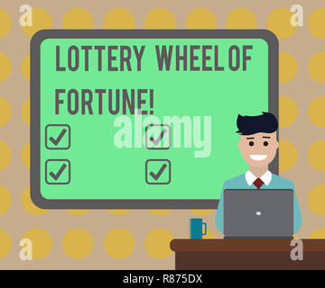 L'écriture de texte Word Lottery Roue de la fortune. Concept d'affaires pour Chances bonne chance la dépendance au jeu gambler bordé blanc homme assis derrière Conseil Banque D'Images