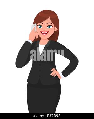 Bonne femme d'affaires parlant au téléphone tenant main sur la hanche. Illustration du concept de télécommunication, de technologie et de téléphone mobile ou de smartphone dans Vector. Illustration de Vecteur