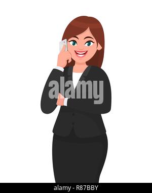 Happy businesswoman parlant au téléphone avec bras croisés. Des télécommunications, de la technologie et mobile ou smartphone concept illustration dans le vector cart Illustration de Vecteur