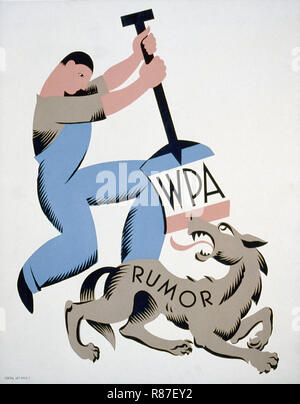 L'Administration des projets de travail, de l'affiche 'WPA rumeur', l'homme avec WPA Pelle attaquer Wolf intitulé rumeur, artiste Vera Bock, 1939 Banque D'Images