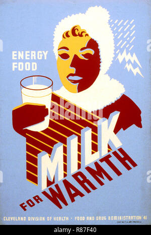 Travaux publics de l'Administration du projet Affiche annonçant le lait, Femme portant des vêtements d'hiver Tenue Verre de lait, Cleveland Division de santé, Food and Drug Administration, Federal Art Project, 1941 Banque D'Images