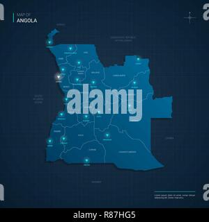 Vector illustration carte Angola avec néon bleu lightpoints - triangle sur fond dégradé bleu foncé. Divisions administratives Illustration de Vecteur