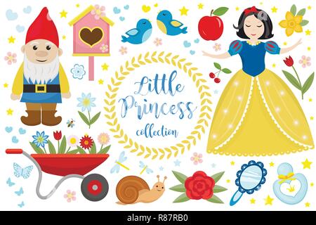 Cute princess fairytale snow white configurer des objets. Collection design élément avec un peu jolie fille, gnome, apple, des fleurs, des oiseaux. Enfant Bébé Funny clip art smiling caractère. Vector illustration Illustration de Vecteur