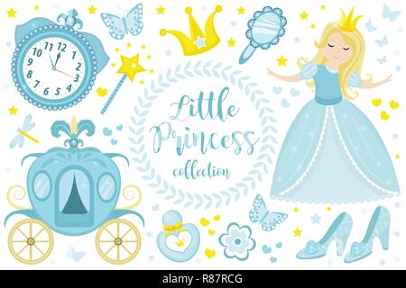 Cute little princess Cendrillon configurer des objets. Collection design élément avec jolie fille, chariot, regarder, miroir, accessoires. Enfant Bébé Funny clip art smiling caractère. Iillustration vecteur Illustration de Vecteur