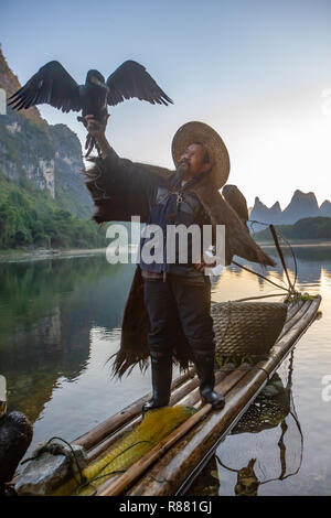 Cormoran pêcheur chinois debout sur radeau dans le lac de Guilin, Chine holding bird cormorant sur bras. Falaises calcaires en arrière-plan. Banque D'Images