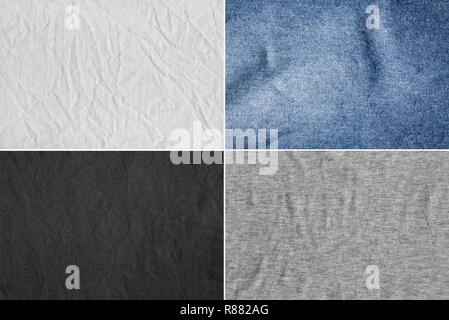 Quatre origines différentes avec motif à rayures délicates. Textures, tissu, toile de jute, coton demim. Banque D'Images