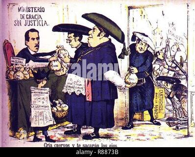 Caricatura editada en la revista La Flaca en 1869. El clero visto como cómplice del carlismo. Banque D'Images