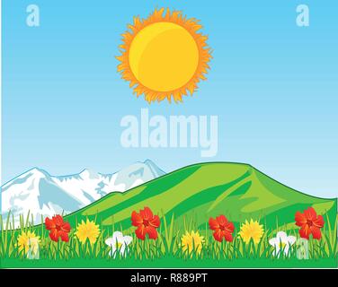 Clairière de l'année avec des fleurs et des montagnes à l'arrière plan Illustration de Vecteur