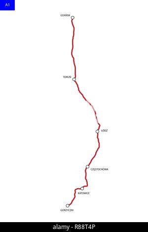 Polish Voiture autoroute A1. L'Autoroute Gdansk - République tchèque. Carte routière de la Pologne Illustration de Vecteur