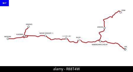 Route russe Volga M-7. L'autoroute Moscou - Ufa. Carte routière de la Russie Illustration de Vecteur