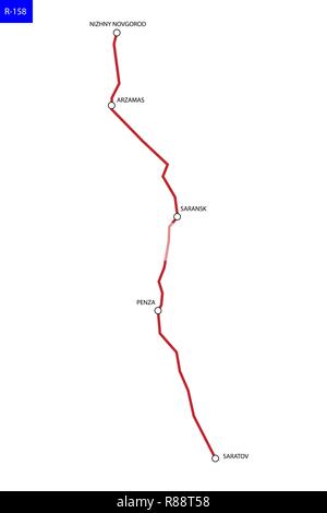 Route russe R-158. L'autoroute Turin - Saratov. Carte routière de la Russie Illustration de Vecteur