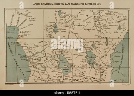 L'Afrique équatoriale, según el mapa configuration por Dapper en 1616. L'Afrique, Inexplorada El Continente Misterioso, por Henry Morton Stanley, h. 1887. Biblioteca Histórico Militar de Barcelone, Catalogne, Espagne. Banque D'Images