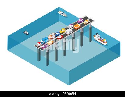 Le pont Skyway de l'infrastructure urbaine est isométrique pour les jeux, les applications d'inspiration et de créativité. L'organisation des transports de la ville d'objets dans 3 Illustration de Vecteur