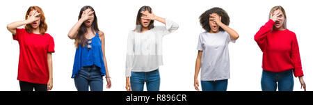 Groupe de collage de la belle chinoise, asiatique, africain, les femmes de race blanche sur fond isolé avec des pics de shock couvrant le visage et les yeux avec Banque D'Images
