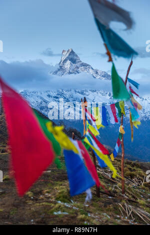 Chambre Majestic, Machapuchare mountain peak et drapeaux de prière multicolores en ANNAPURNA HIMAL, Népal, Himalaya, Asie Banque D'Images