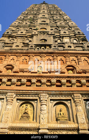 Temple de la Mahabodhi, bouddha sculpté en aspect différent sur le mur et le tour élancée, Bodhgaya, Bihar, Inde Banque D'Images