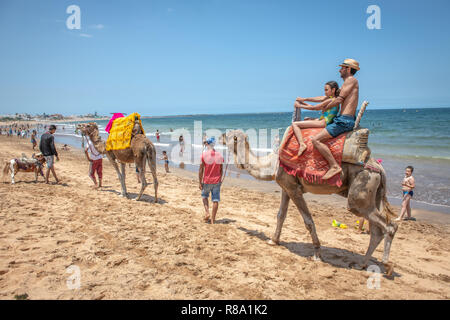 Un père et sa fille monter un chameau sur les plages de Bouznika, Casablanca-Settat, Benslimane, Maroc Banque D'Images