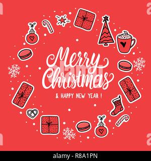 Joyeux Noël ensemble avec inscription lettrage autocollants. Maison de vacances ronde design image. Vector illustration sur rouge. Sex style chaleureux Illustration de Vecteur