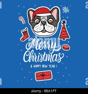 Chien Carte de Noël à santa hat. Inscription de lettrage. Maison de l'illustration vectorielle. Chiot Bouledogue américain autocollants dessinés à la main, Illustration de Vecteur
