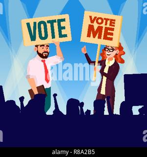 L'agitation et appeler à voter vecteur. Personnages féminins et masculins Holding [Affiche voter et crier au cours de réunion politique. Illustration Illustration de Vecteur