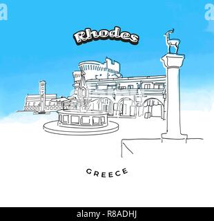 Rhodes Grèce monuments célèbres. Vector illustration dessinée à la main. Célèbre série de destinations de voyage. Illustration de Vecteur