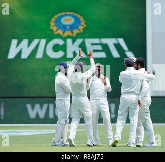 Stade Optus, Perth, Australie. 14 Décembre, 2018. La série d'essai International Cricket, l'Australie et l'Inde, deuxième essai, jour 1 ; les joueurs indiens célèbrent le guichet de Marcus Harris de l'Australie : L'action de Crédit Plus Sport/Alamy Live News Banque D'Images