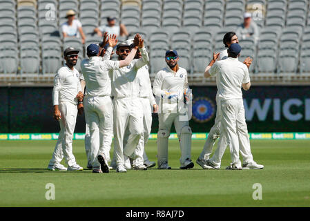 Stade Optus, Perth, Australie. 14 Décembre, 2018. La série d'essai International Cricket, l'Australie et l'Inde, deuxième essai, jour 1 ; les joueurs indiens célèbrent le guichet de Pierre Handscomb de l'Australie : L'action de Crédit Plus Sport/Alamy Live News Banque D'Images