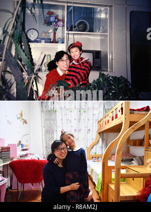 (181214) -- BEIJING, 14 décembre 2018 (Xinhua) -- La partie supérieure de ce combo photo prise en octobre 1990, montre cinq ans Zhang Si (R) qui pose pour une photo avec sa mère à la maison à Taiyuan, capitale du nord La province de Shanxi. Sa famille vivait dans un 60 mètres carrés accueil attribué par ses parents l' unité de travail. La cuisine domestique et le chauffage dépend sur nid d'briquettes. La partie inférieure de la combo photo prise par Zhan Yan le 13 novembre 2018, que 33 ans, Zhang Si (L) posant pour une photo avec sa fille de cinq ans de Siyang Han à Taiyuan. Zhang vit dans un 160 mètres carrés Banque D'Images